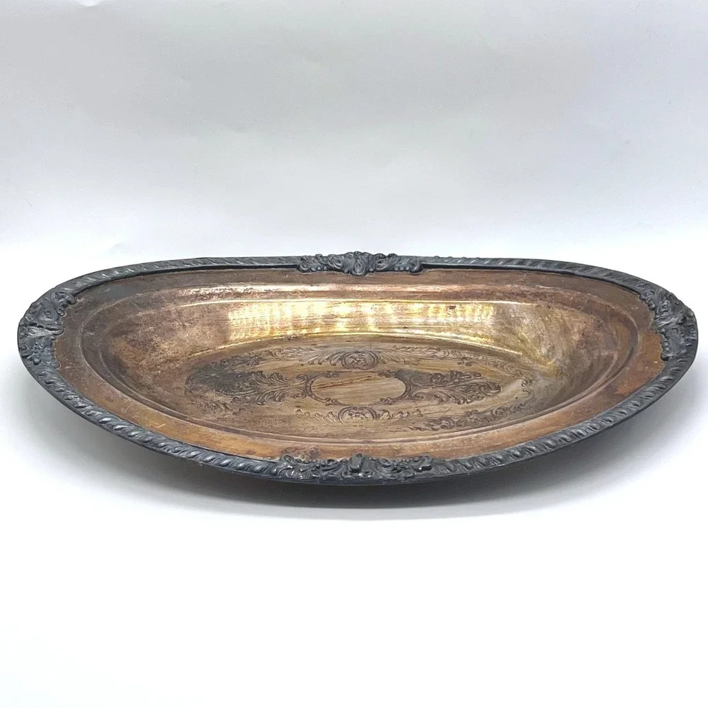 Antique Victorian Silverplate Oval Serving Bowl Tray Ornate Floral Scroll